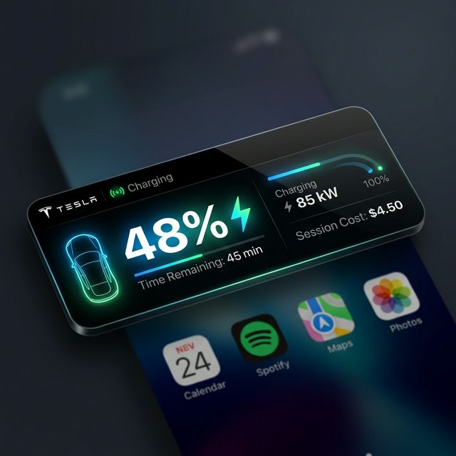 Pulse EV charging widget on iPhone showing 48% charge at 85kW with session cost