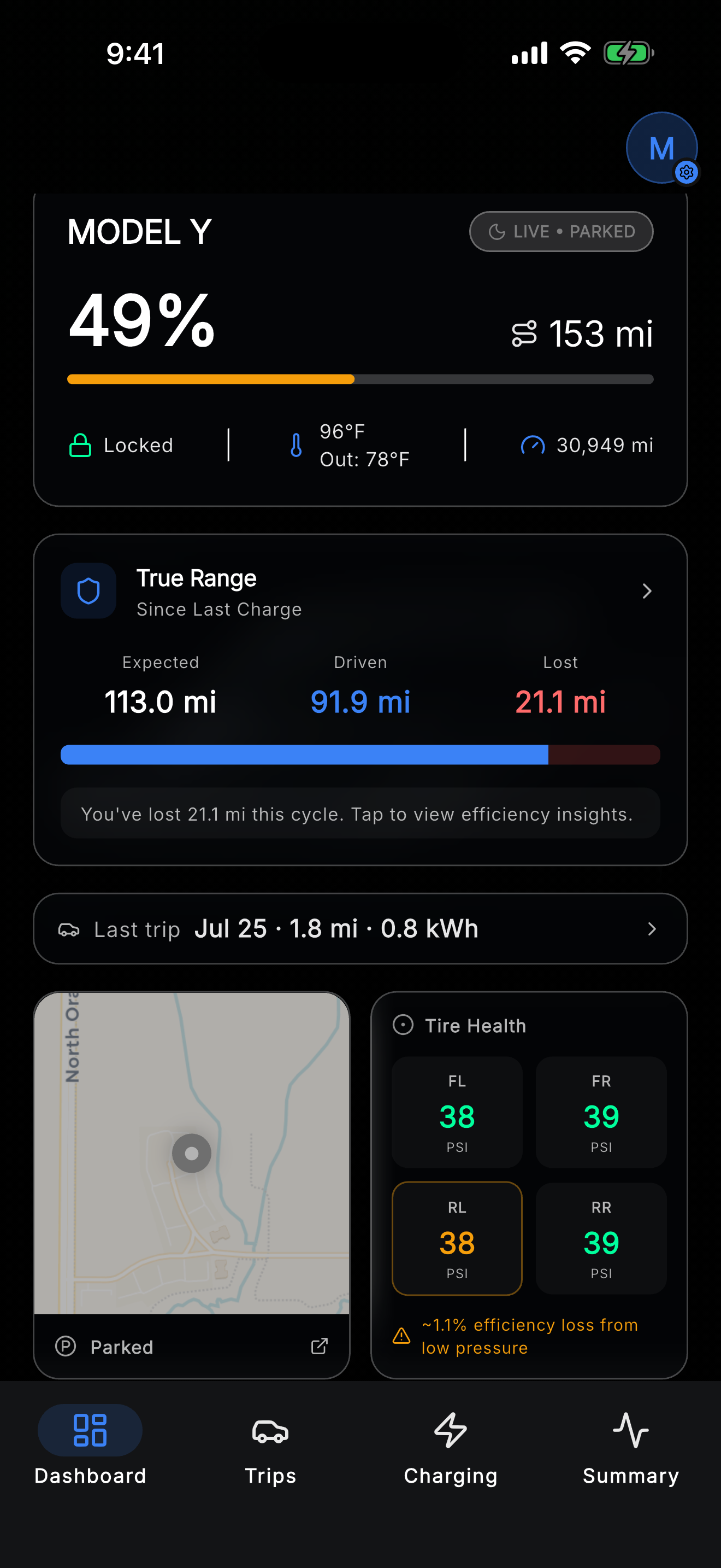 Pulse EV dashboard showing a Model Y at 49% battery, 153 miles of range, locked, 30,949 miles, with a True Range panel comparing expected versus driven miles